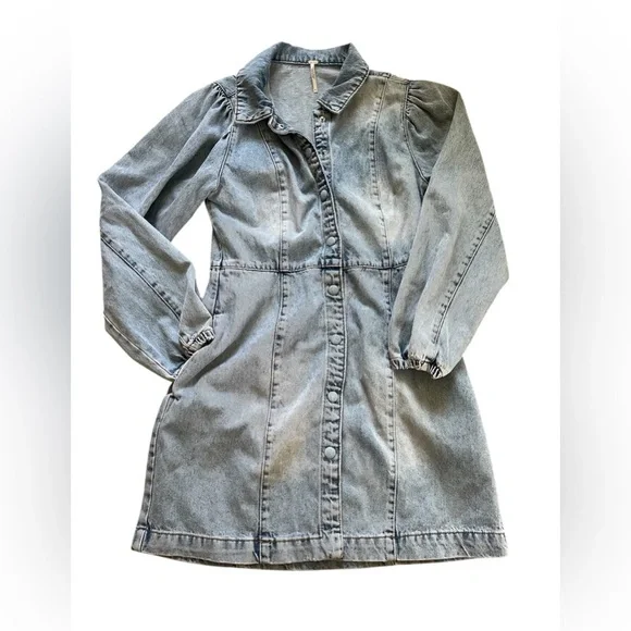 Free People Mia Long Puff Sleeved Light Wash Denim Mini Dress - Size Small - Picture 2 of 10